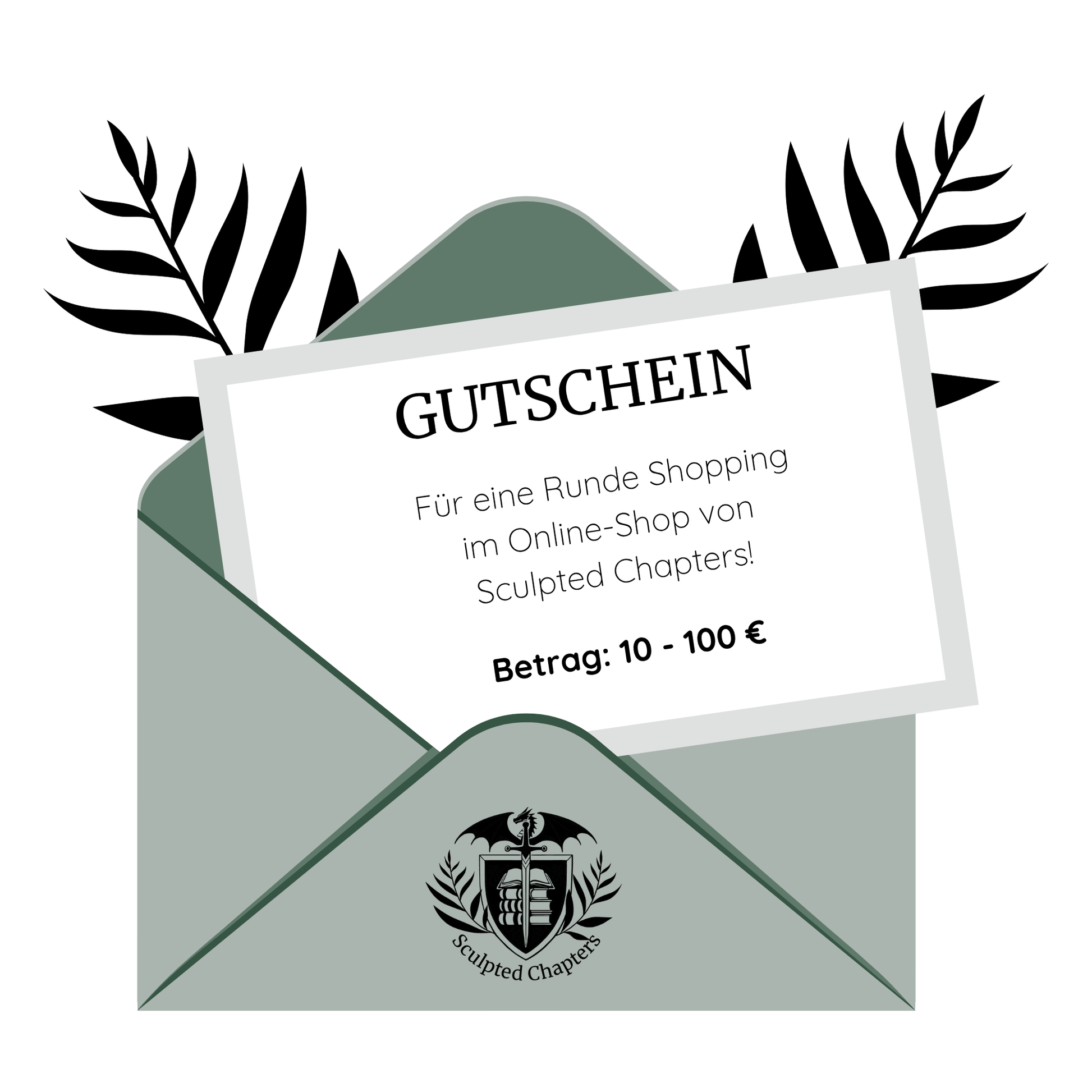 Ein Briefumschlag aus dem ein Brief herausguckt. Auf dem Brief steht: Gutschein - Für eine Runde Shopping im Online-Shop von Sculpted Chapters! Betrag: 10-100 Euro
