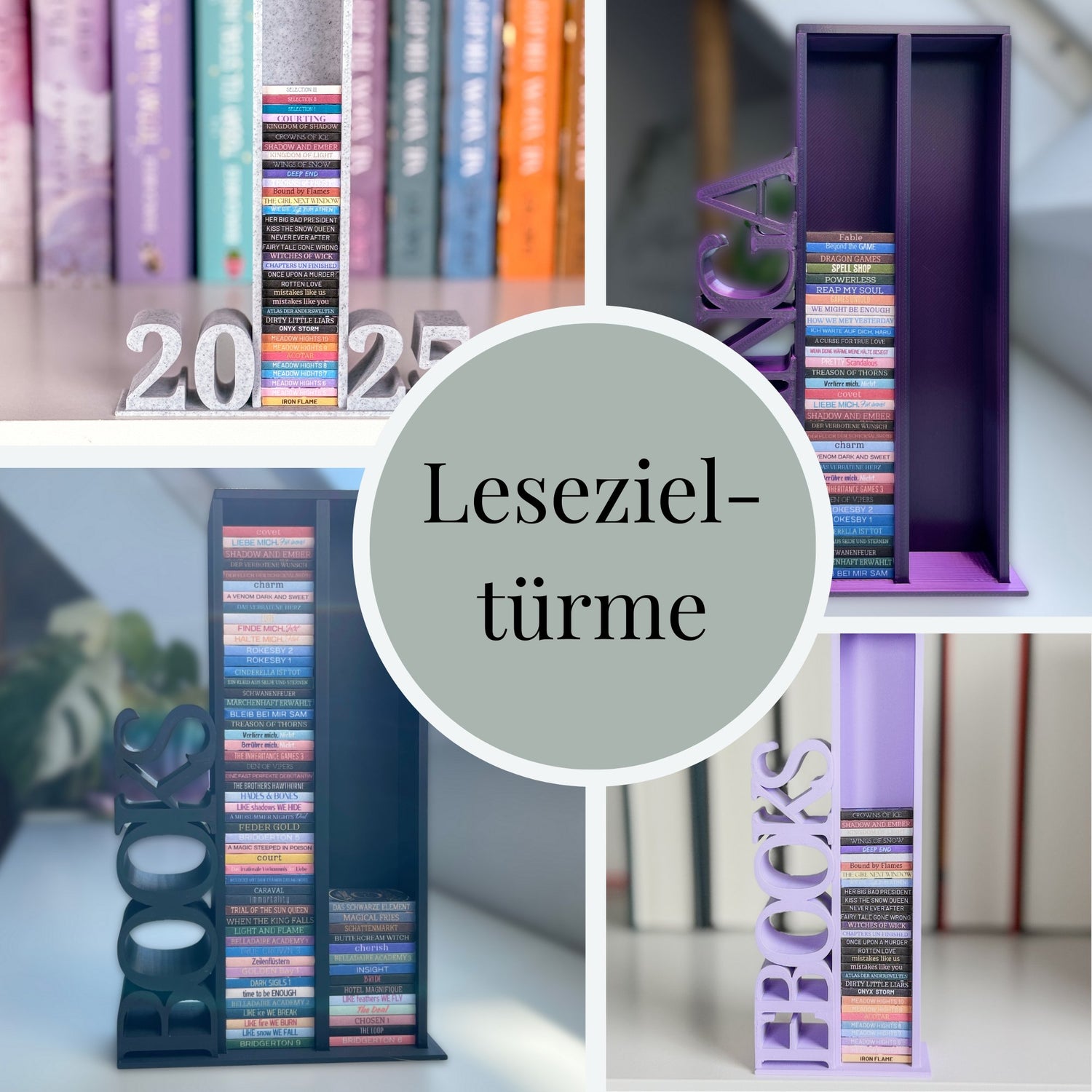 Übersicht mit 4 verschiedenen Lesezieltürmen: 2025, Manga, Books, EBooks