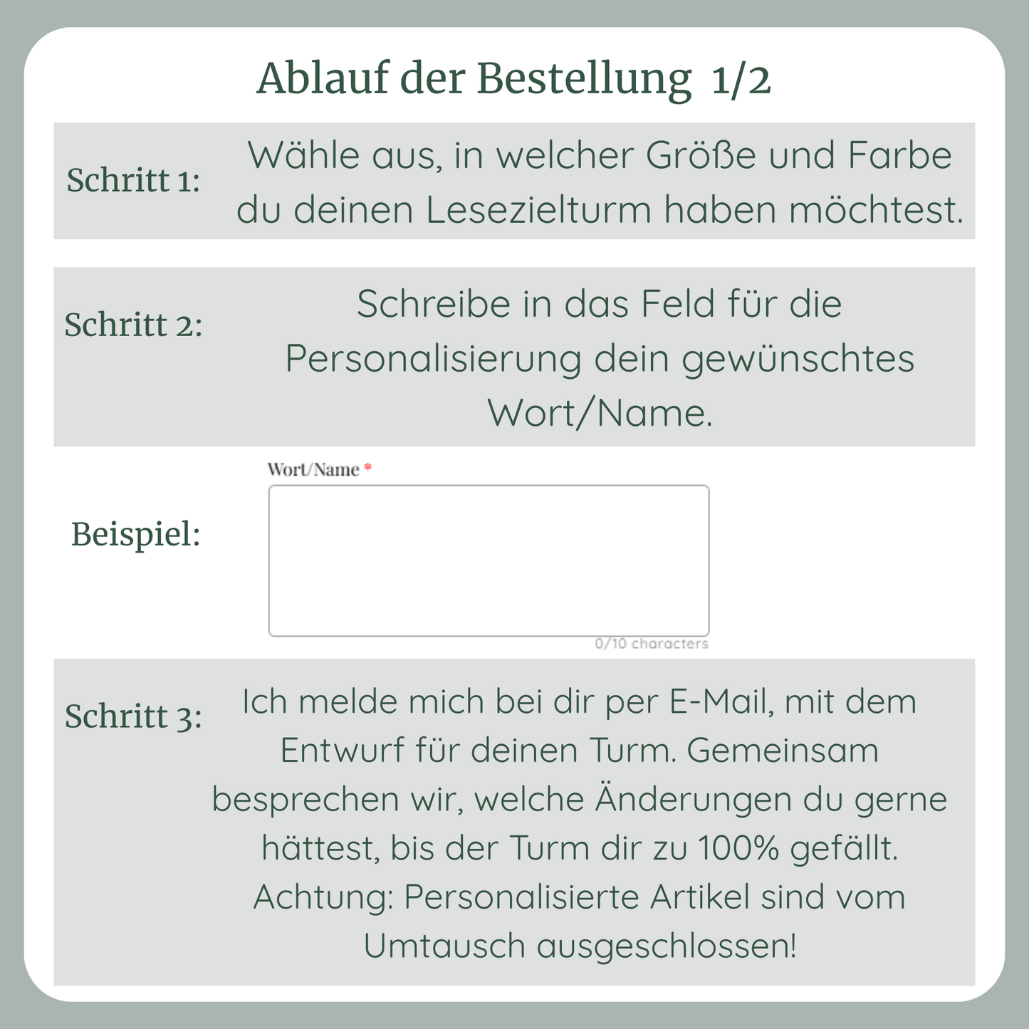 Zur Bestellung gerne Shopinhaber kontaktieren - Anleitung zum Bestellblauf von Lesezielturm als Sonderanfertigung mit individuellem Namen/Wort vertikale Ausrichtung