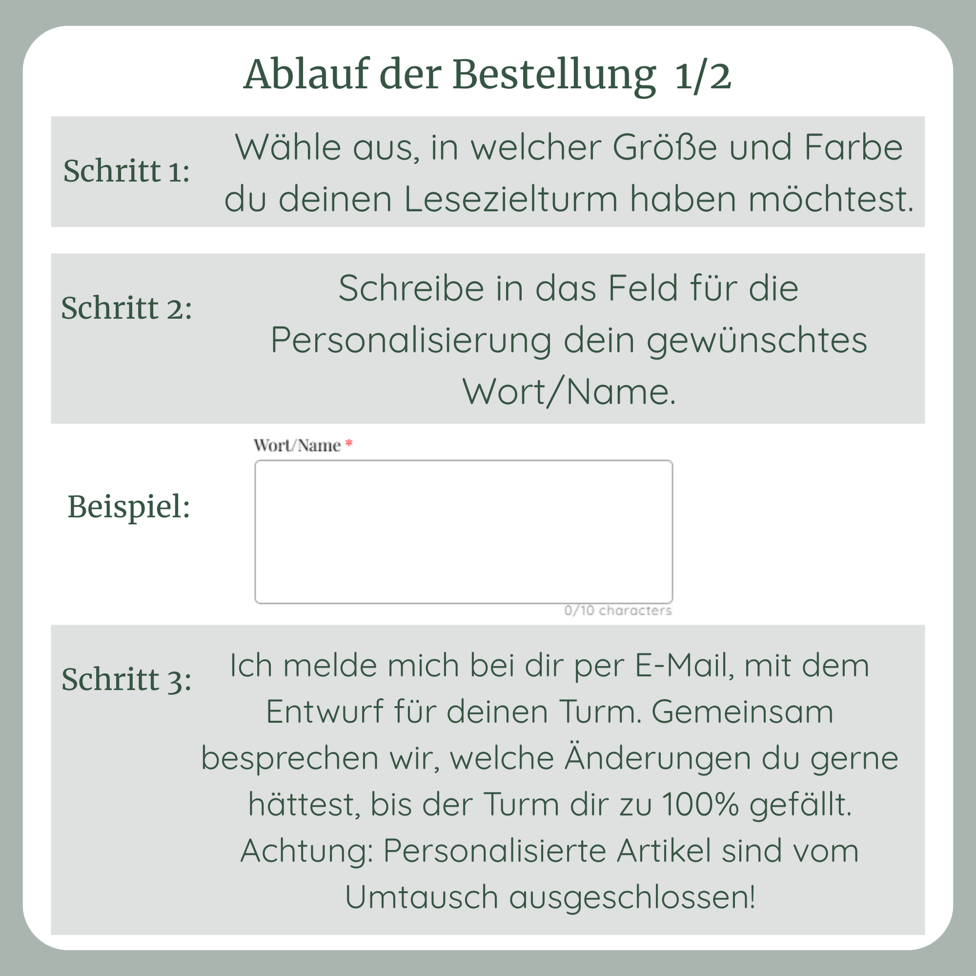 Zur Bestellung gerne Shopinhaber kontaktieren - Anleitung zum Bestellblauf von Lesezielturm als Sonderanfertigung mit individuellem Namen/Wort vertikale Ausrichtung