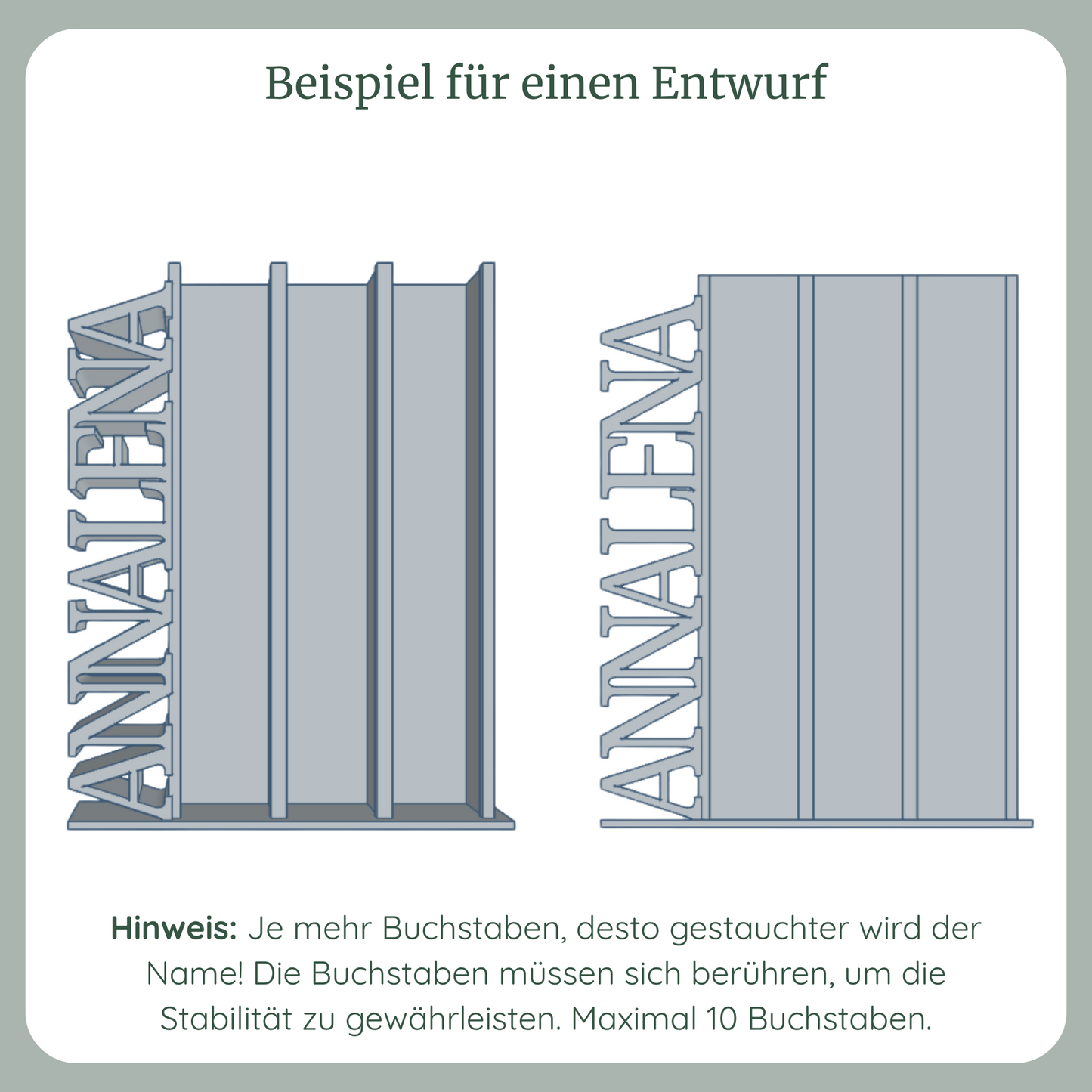 Frontansicht Dateien in 3D und 2D für Lesetürme mit individuellem vertikalen Schriftzug am Beispiel "ANNALENA", 3 Spalten für 150 Mini-Bücher, maximal 10 Buchstaben