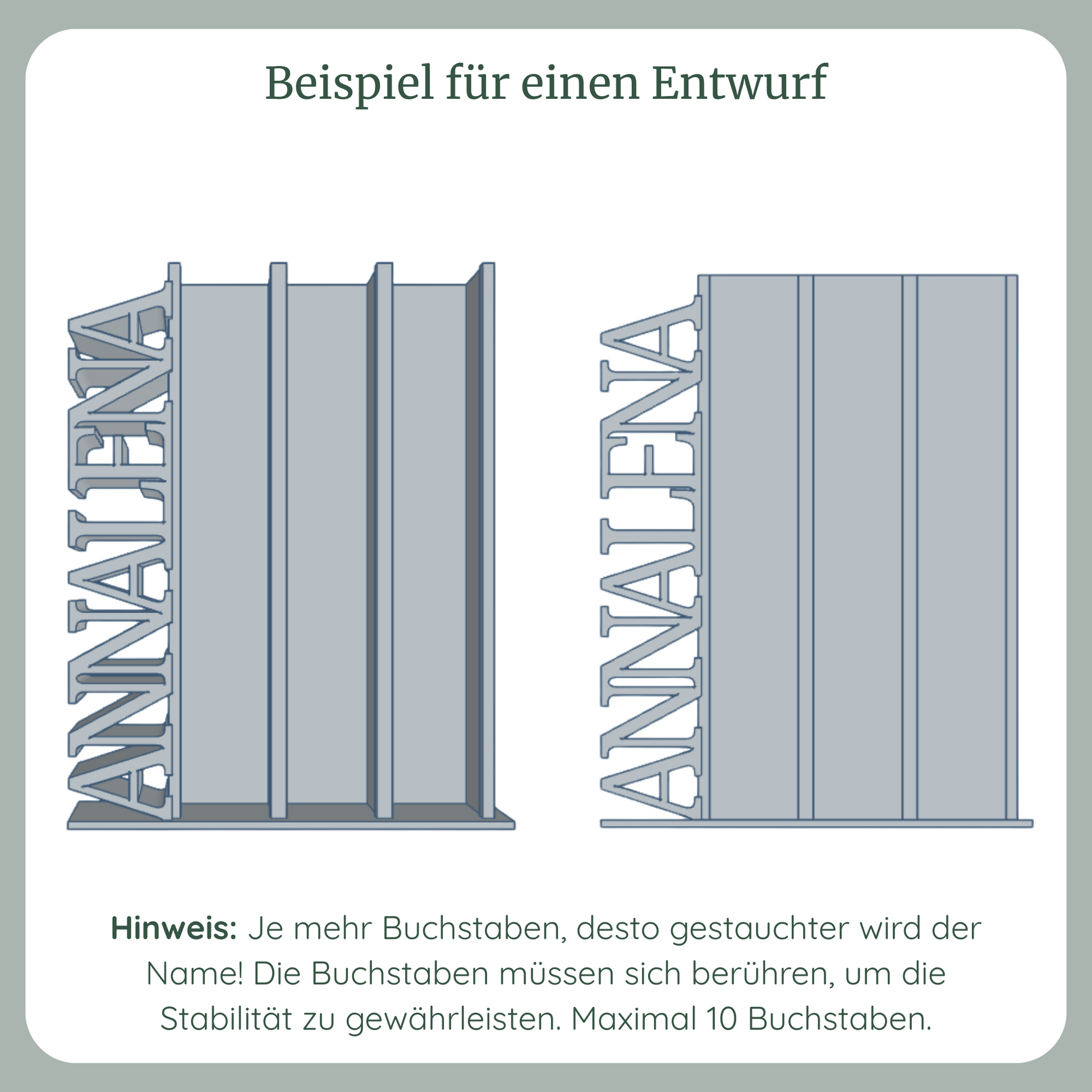 Frontansicht Dateien in 3D und 2D für Lesetürme mit individuellem vertikalen Schriftzug am Beispiel "ANNALENA", 3 Spalten für 150 Mini-Bücher, maximal 10 Buchstaben