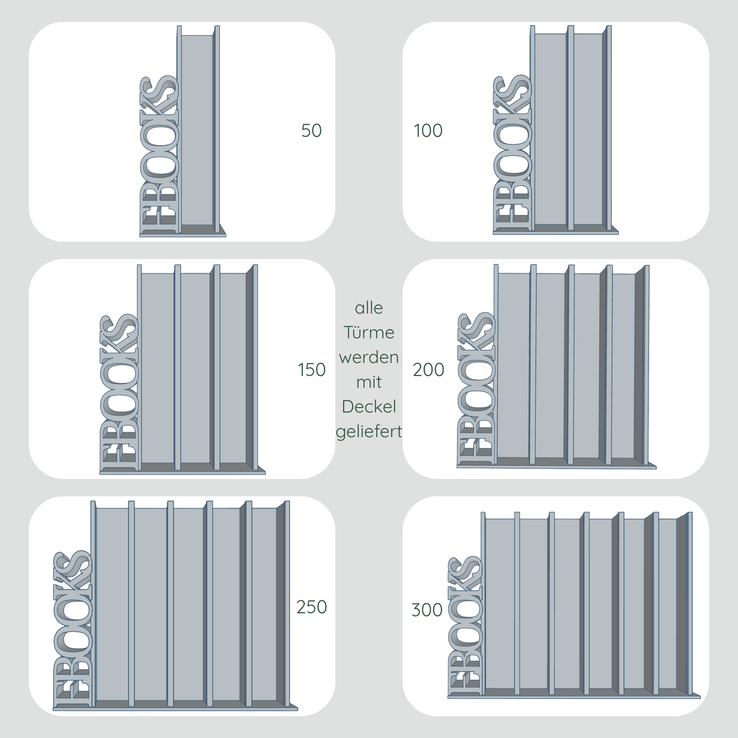 Frontansicht Dateien für Lesetürme mit vertikalem Schriftzug "EBOOKS" im Vergleich, 1 Spalte für 50 Mini-Bücher, 2 Spalten für 100 Mini-Bücher, 3 Spalten für 150 Mini-Bücher, 4 Spalten für 200 Mini-Bücher, 5 Spalten für 250 Mini-Bücher und 6 Spalten für 300 Mini-Bücher