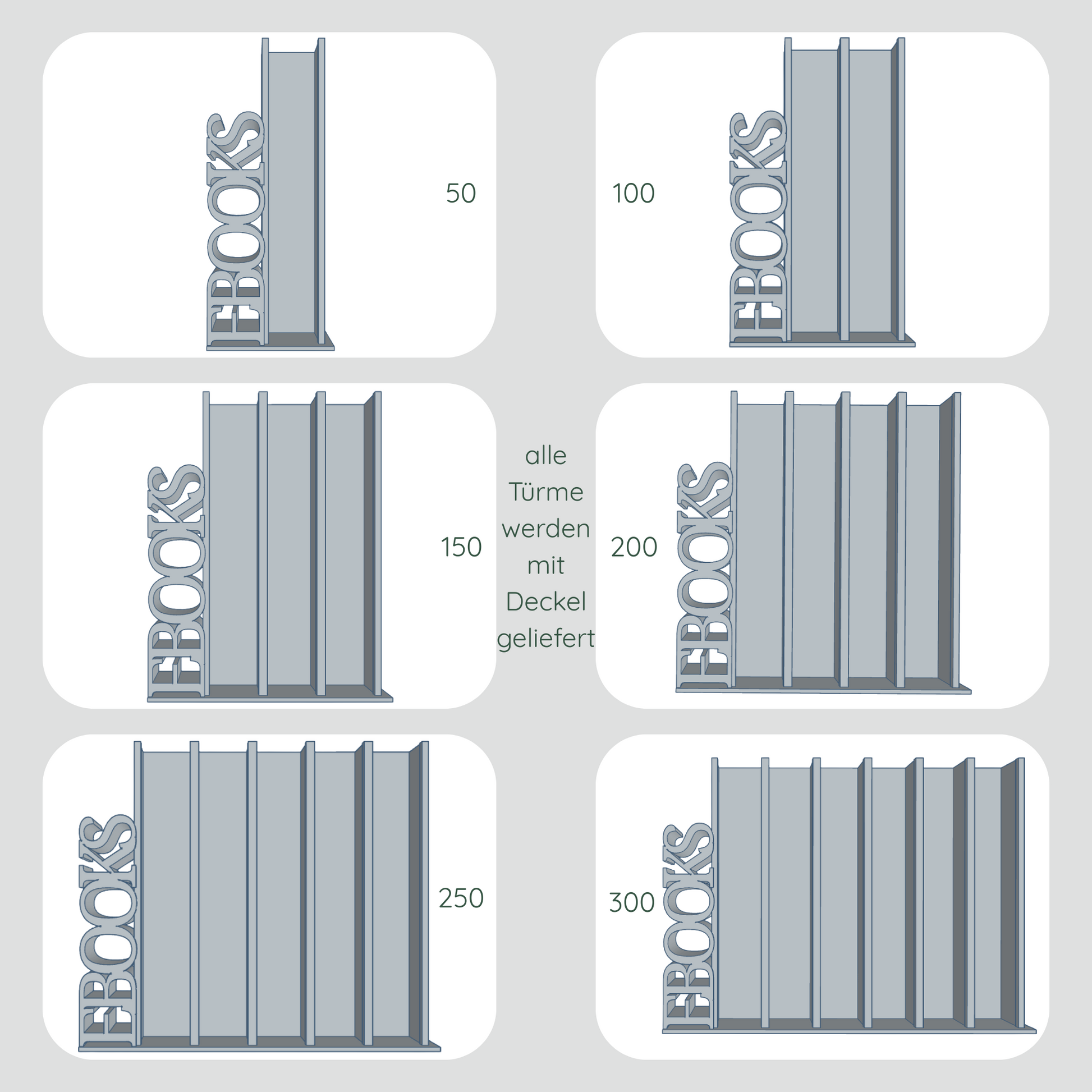 Frontansicht Dateien für Lesetürme mit vertikalem Schriftzug "EBOOKS" im Vergleich, 1 Spalte für 50 Mini-Bücher, 2 Spalten für 100 Mini-Bücher, 3 Spalten für 150 Mini-Bücher, 4 Spalten für 200 Mini-Bücher, 5 Spalten für 250 Mini-Bücher und 6 Spalten für 300 Mini-Bücher