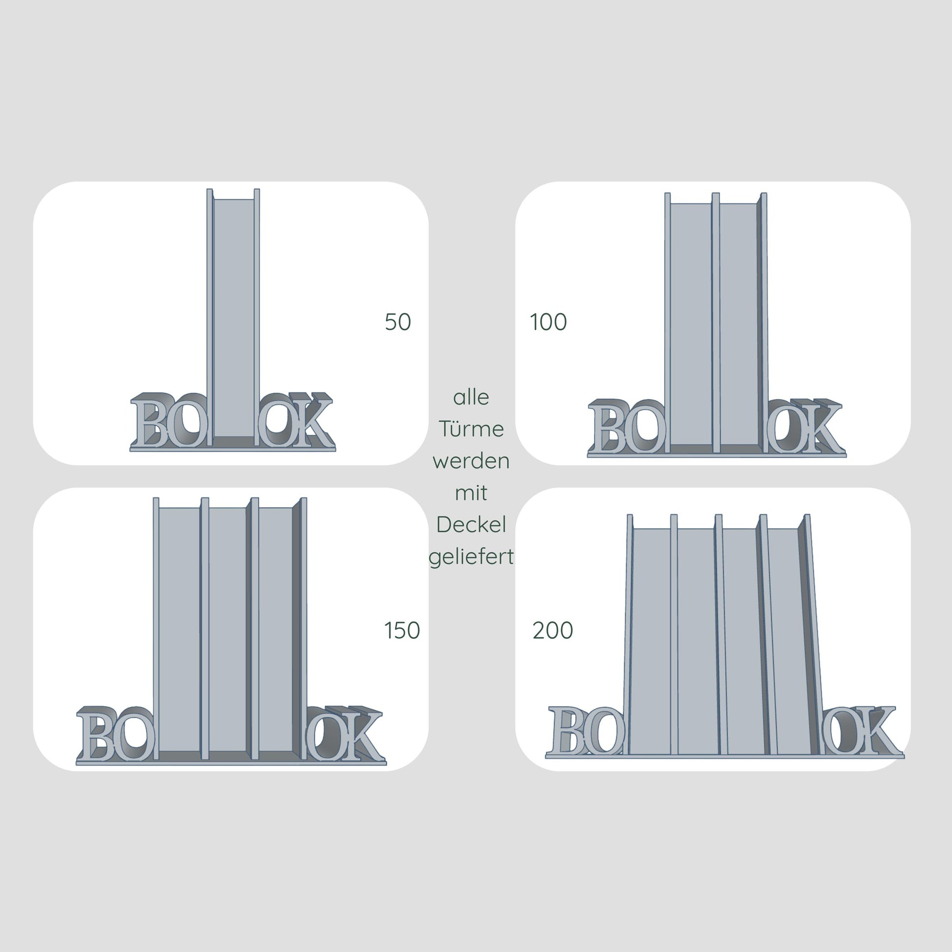 Frontansicht Dateien für Lesetürme mit horizontalem Schriftzug "BOOK" im Vergleich, 1 Spalte für 50 Mini-Bücher, 2 Spalten für 100 Mini-Bücher, 3 Spalten für 150 Mini-Bücher und 4 Spalten für 200 Mini-Bücher