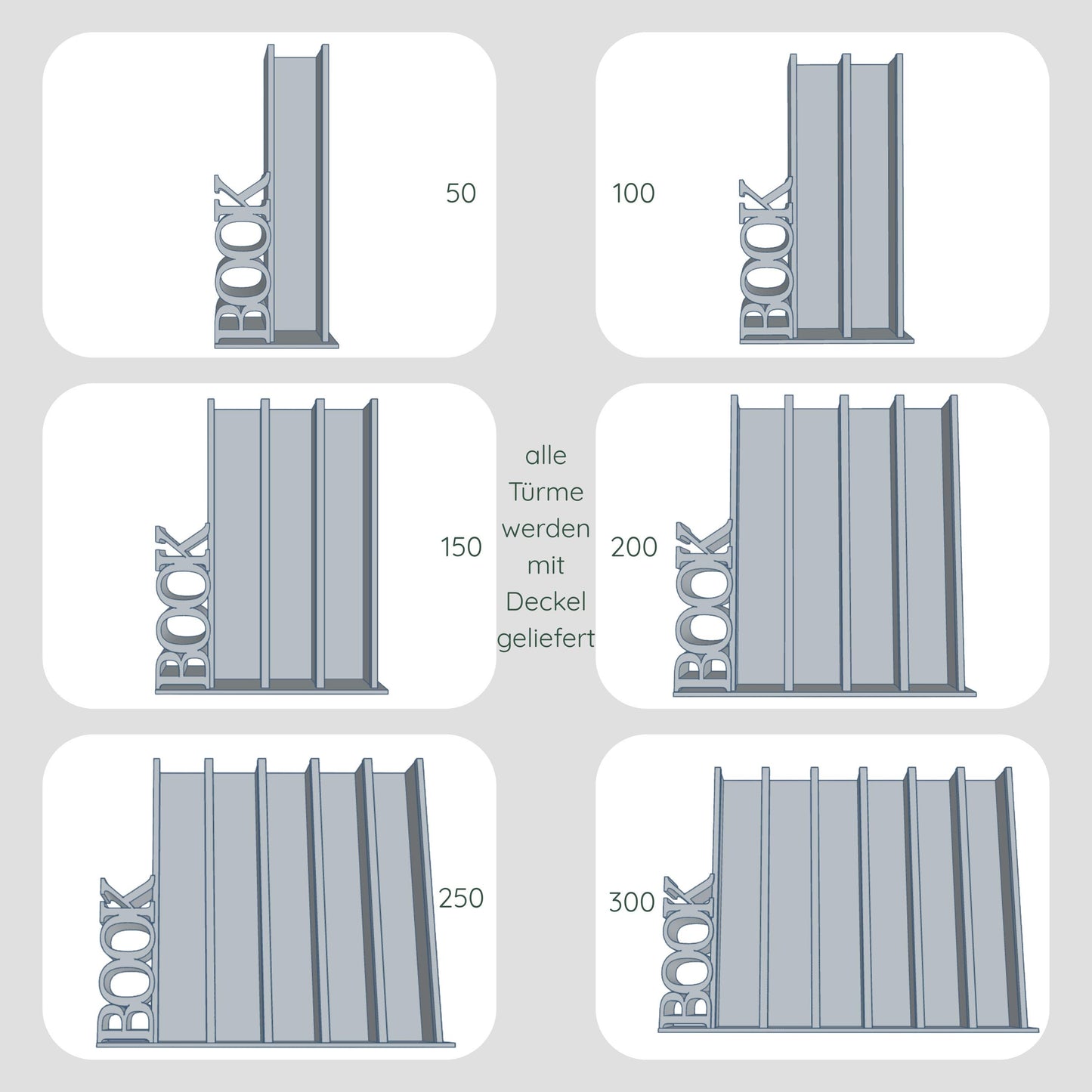 Frontansicht Dateien für Lesetürme mit vertikalem Schriftzug "BOOK" im Vergleich, 1 Spalte für 50 Mini-Bücher, 2 Spalten für 100 Mini-Bücher, 3 Spalten für 150 Mini-Bücher, 4 Spalten für 200 Mini-Bücher, 5 Spalten für 250 Mini-Bücher und 6 Spalten für 300 Mini-Bücher

