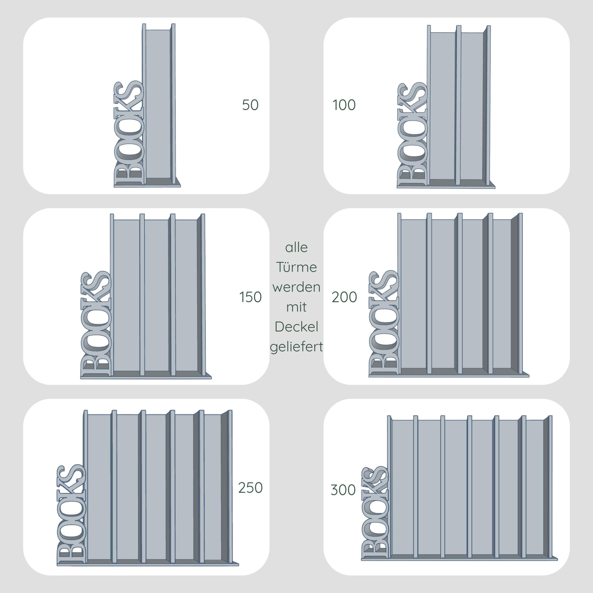 Frontansicht Dateien für Lesetürme mit vertikalem Schriftzug "BOOK" im Vergleich, 1 Spalte für 50 Mini-Bücher, 2 Spalten für 100 Mini-Bücher, 3 Spalten für 150 Mini-Bücher, 4 Spalten für 200 Mini-Bücher, 5 Spalten für 250 Mini-Bücher und 6 Spalten für 300 Mini-Bücher
