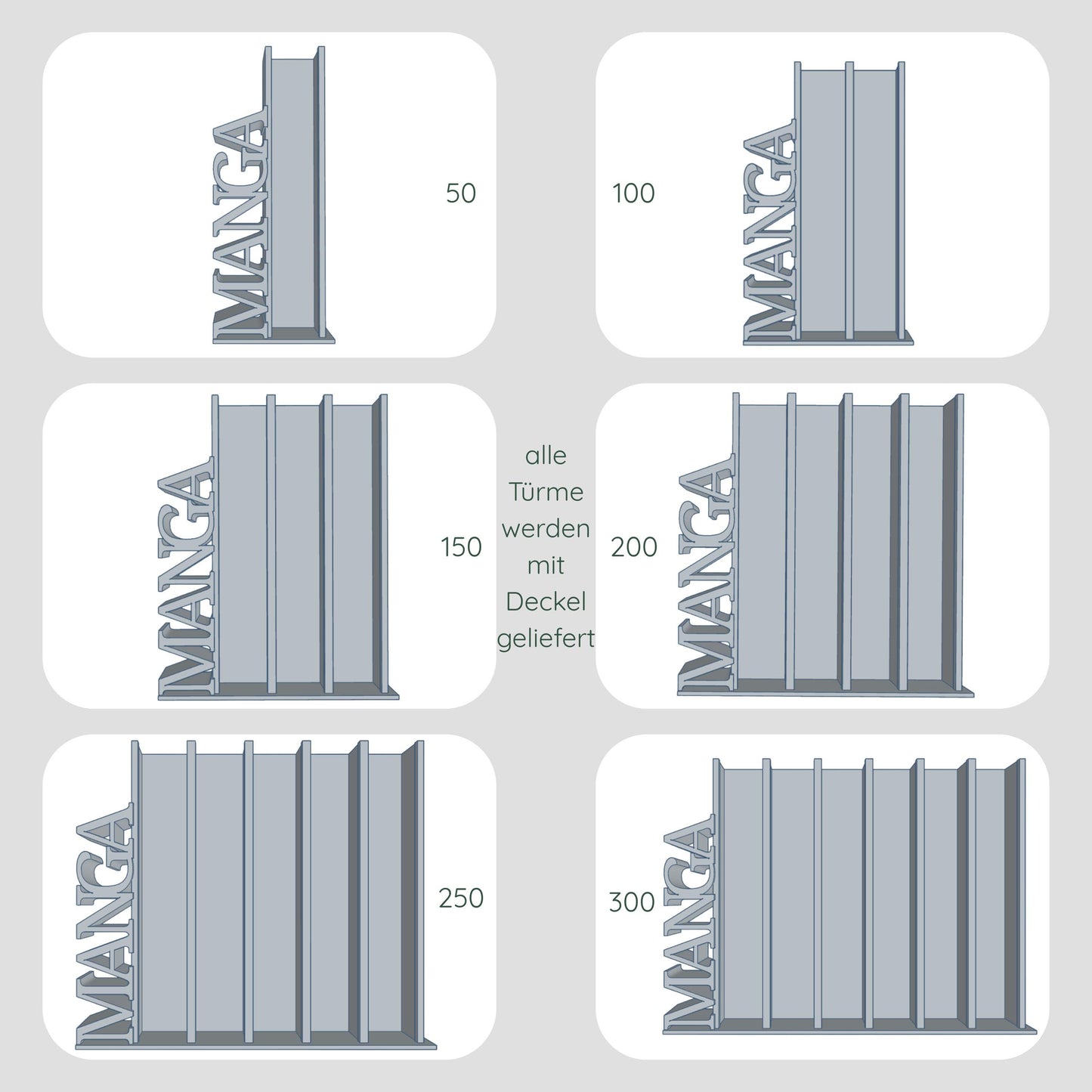 Frontansicht Dateien für Lesetürme mit vertikalem Schriftzug "MANGA" im Vergleich, 1 Spalte für 50 Mini-Bücher, 2 Spalten für 100 Mini-Bücher, 3 Spalten für 150 Mini-Bücher, 4 Spalten für 200 Mini-Bücher, 5 Spalten für 250 Mini-Bücher und 6 Spalten für 300 Mini-Bücher