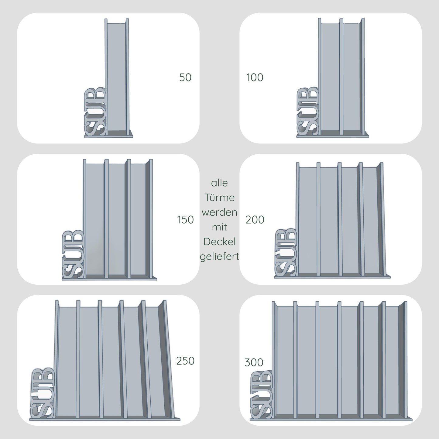 Frontansicht Dateien für Lesetürme mit vertikalem Schriftzug "SUB" im Vergleich, 1 Spalte für 50 Mini-Bücher, 2 Spalten für 100 Mini-Bücher, 3 Spalten für 150 Mini-Bücher, 4 Spalten für 200 Mini-Bücher, 5 Spalten für 250 Mini-Bücher und 6 Spalten für 300 Mini-Bücher