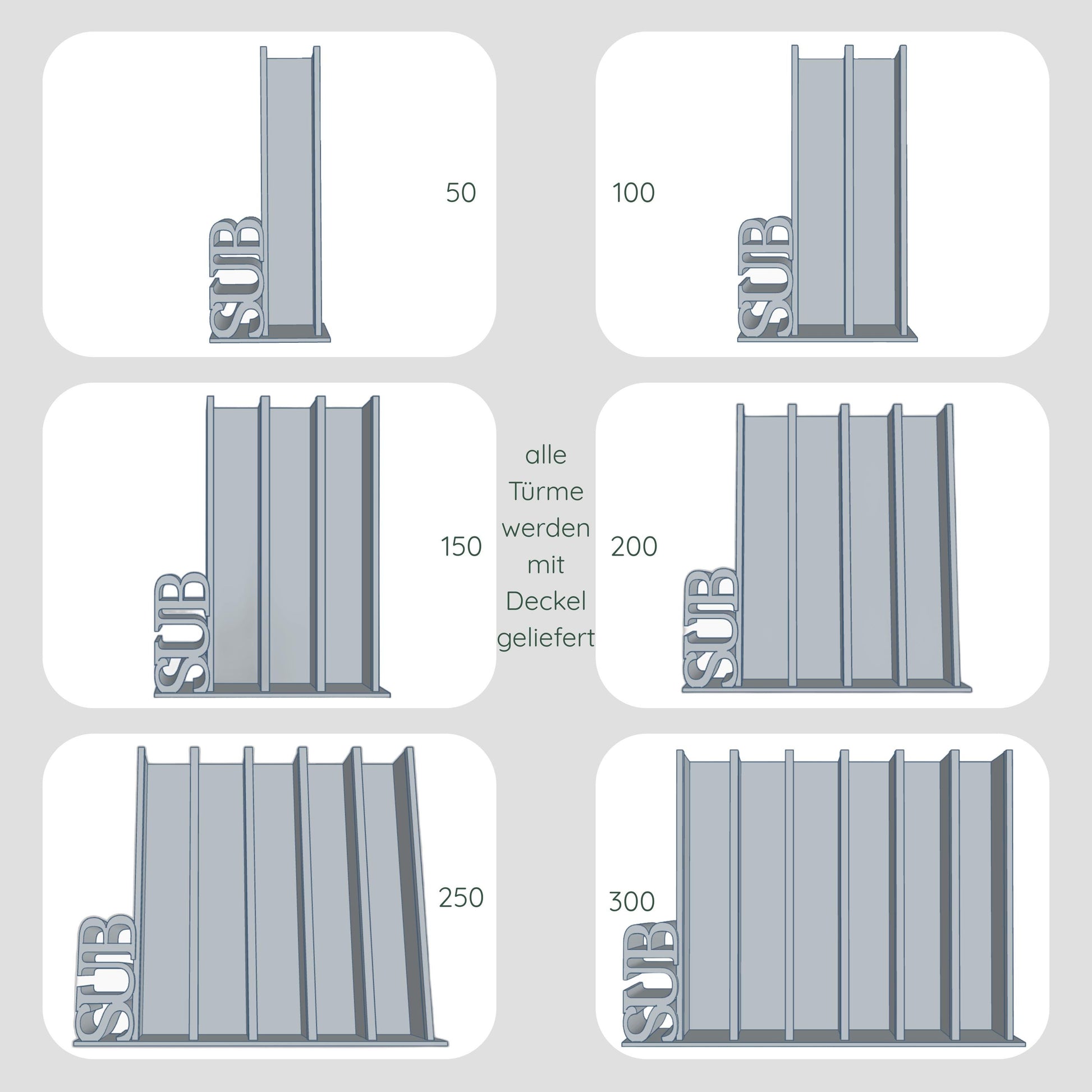 Frontansicht Dateien für Lesetürme mit vertikalem Schriftzug "SUB" im Vergleich, 1 Spalte für 50 Mini-Bücher, 2 Spalten für 100 Mini-Bücher, 3 Spalten für 150 Mini-Bücher, 4 Spalten für 200 Mini-Bücher, 5 Spalten für 250 Mini-Bücher und 6 Spalten für 300 Mini-Bücher