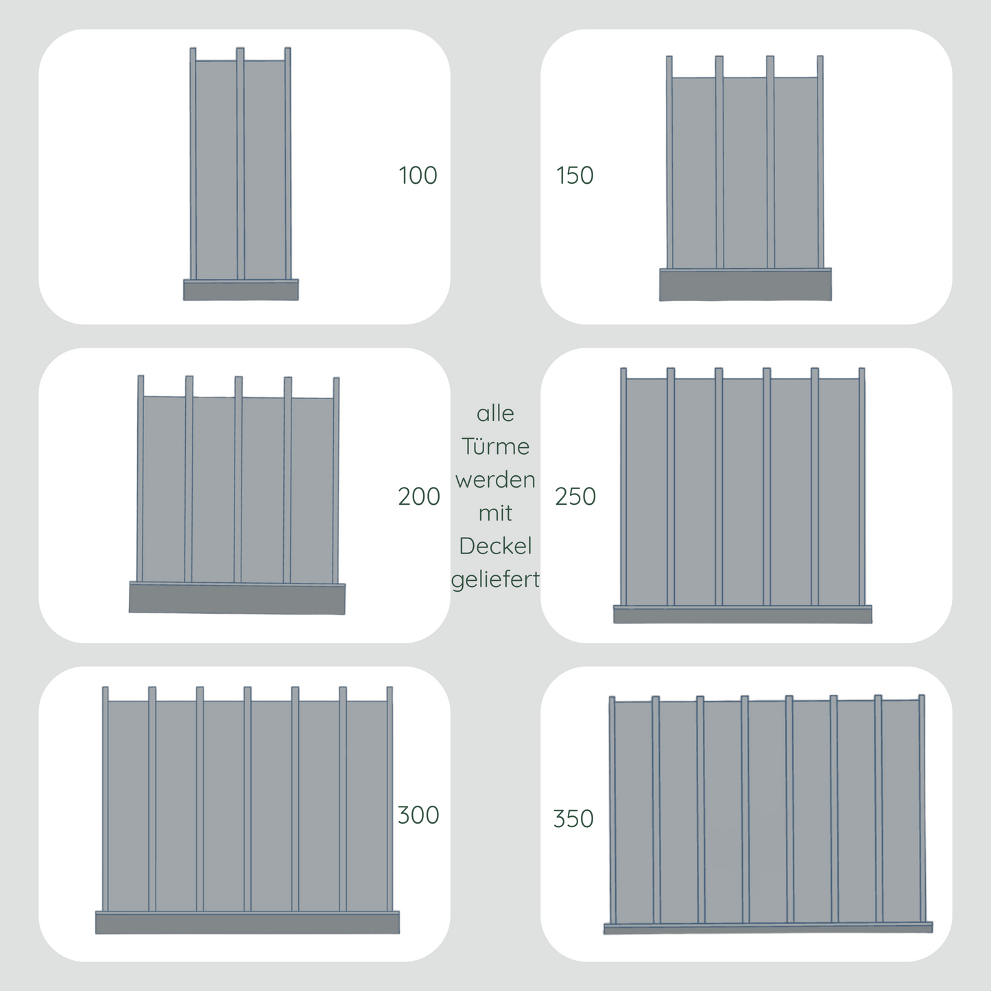Frontansicht Dateien für Lesetürme im Vergleich, 2 Spalten für 100 Mini-Bücher, 3 Spalten für 150 Mini-Bücher, 4 Spalten für 200 Mini-Bücher, 5 Spalten für 250 Mini-Bücher, 6 Spalten für 300 Mini-Bücher und 7 Spalten für 350 Mini-Bücher